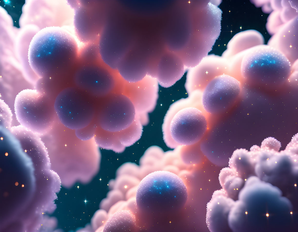 Ethereal purple and pink glowing clouds in a starry sky