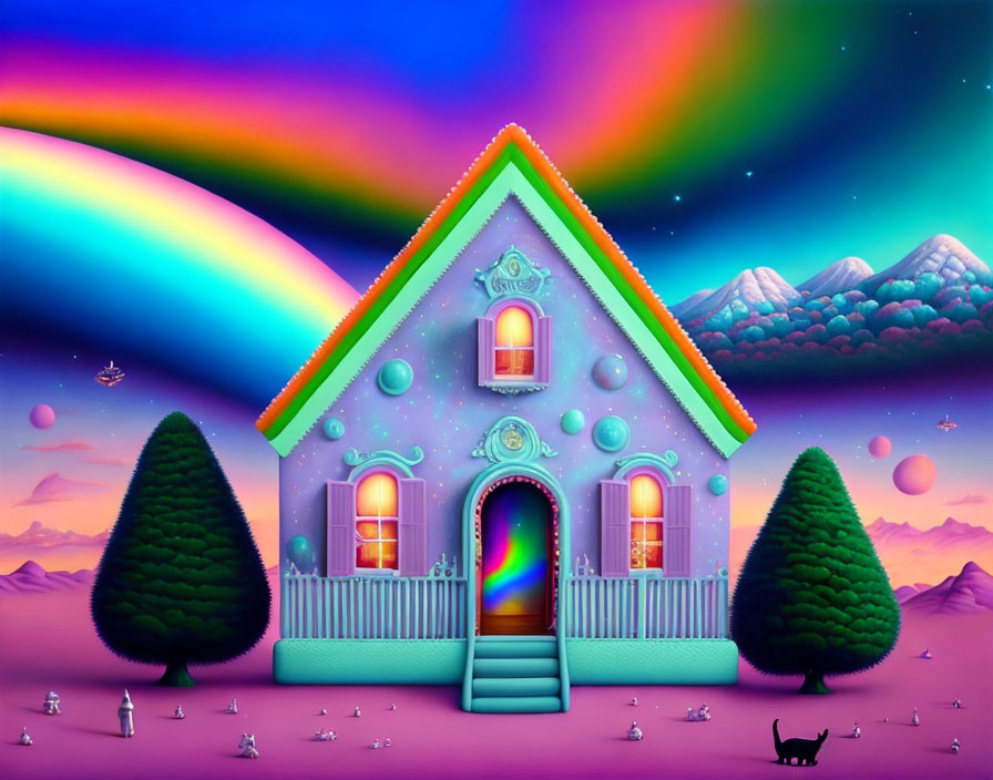 Colorful house illustration with rainbow, orbs, surreal landscape, black cat, and purple sky