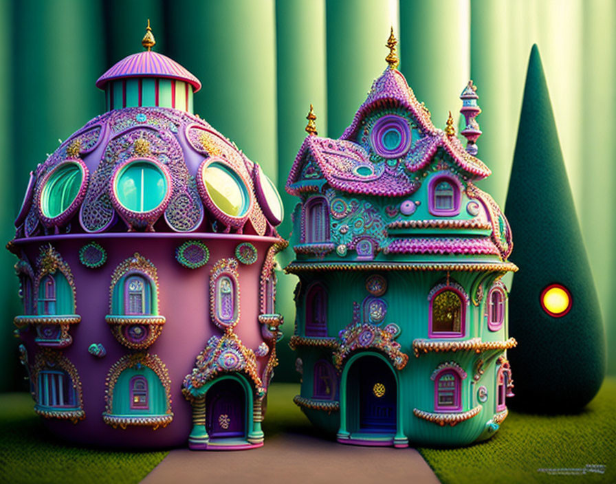 Colorful Whimsical Houses with Round Doors and Ornate Details