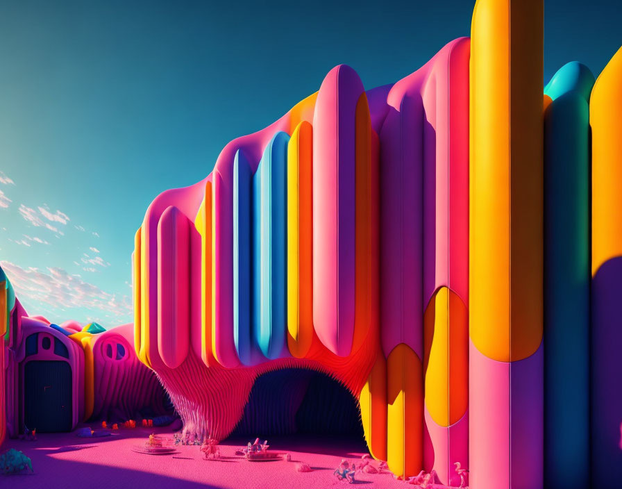 Colorful, Surreal Landscape with Undulating Building and Cylindrical Structures