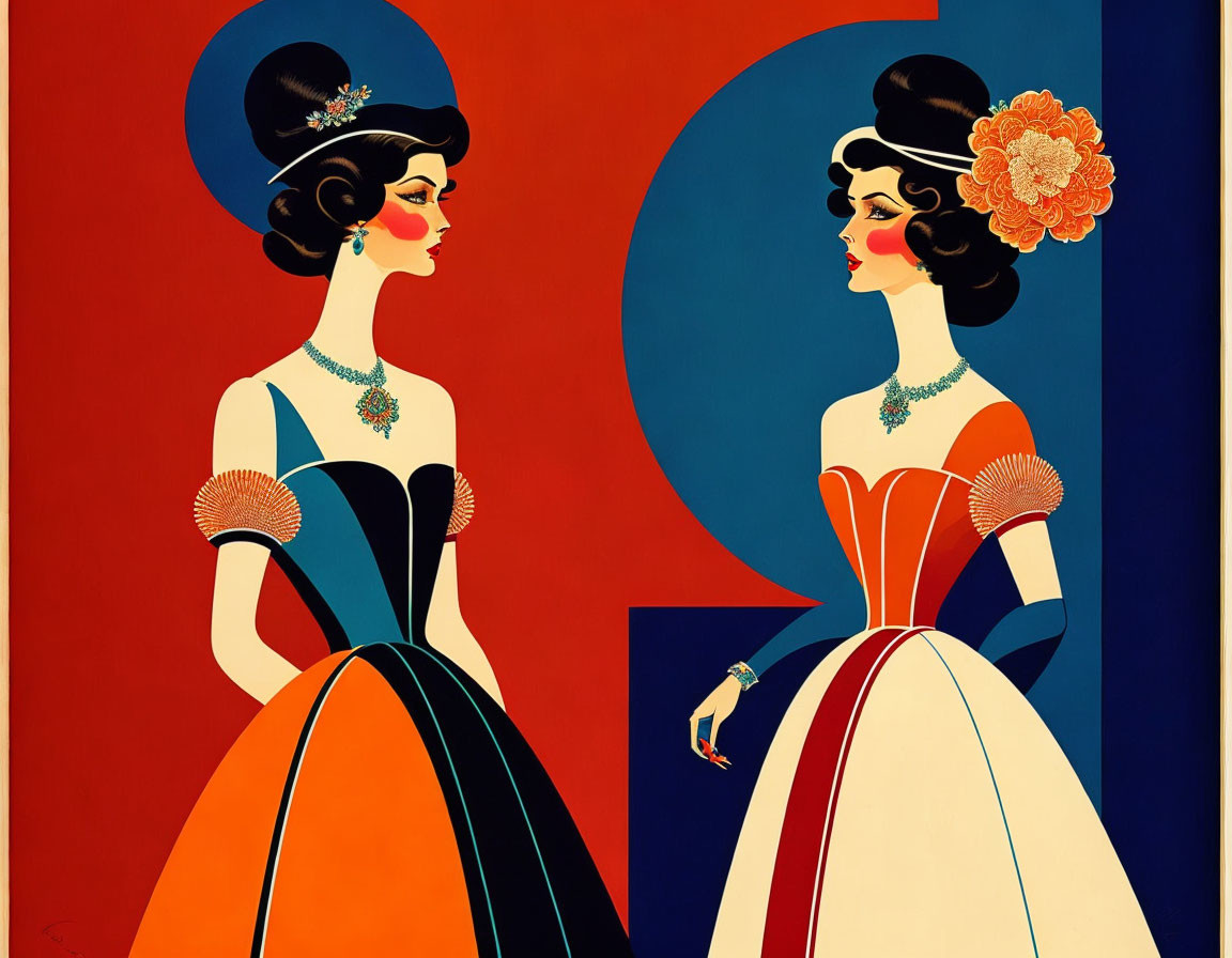 Stylized female figures in elegant gowns on red and blue art deco background