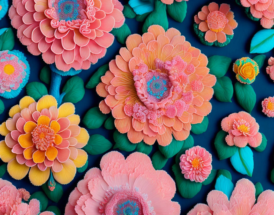 Colorful Paper Art Flowers in Pink, Coral, and Orange on Blue Background