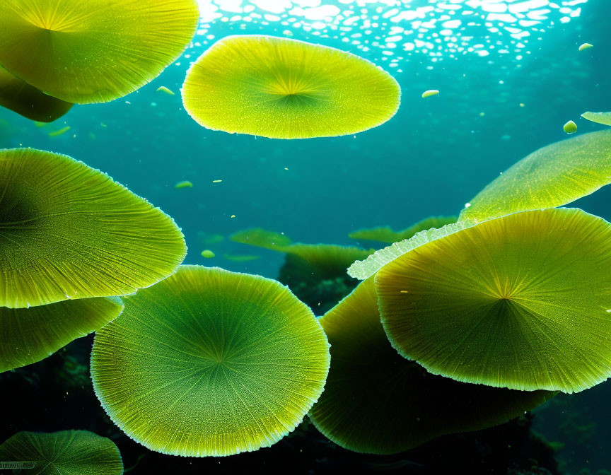 Tranquil underwater scene with green water lily pads