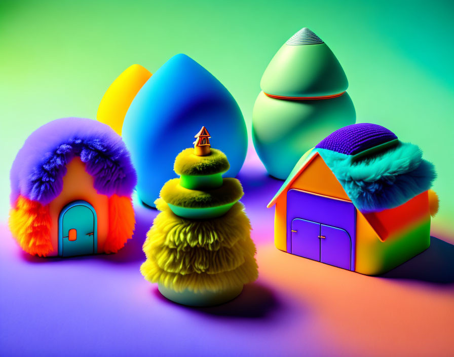 Vibrant whimsical landscape with fluffy trees and rainbow houses