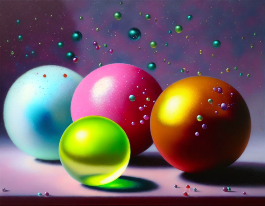 Vibrant glossy spheres on speckled gradient background with floating bubbles