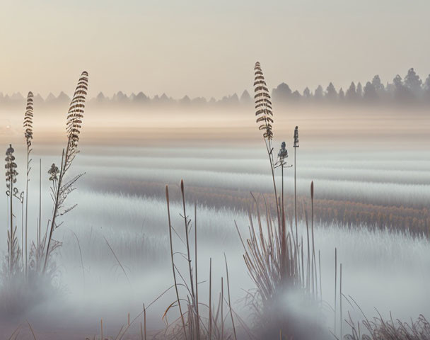 Serene Field Covered in Early Morning Fog