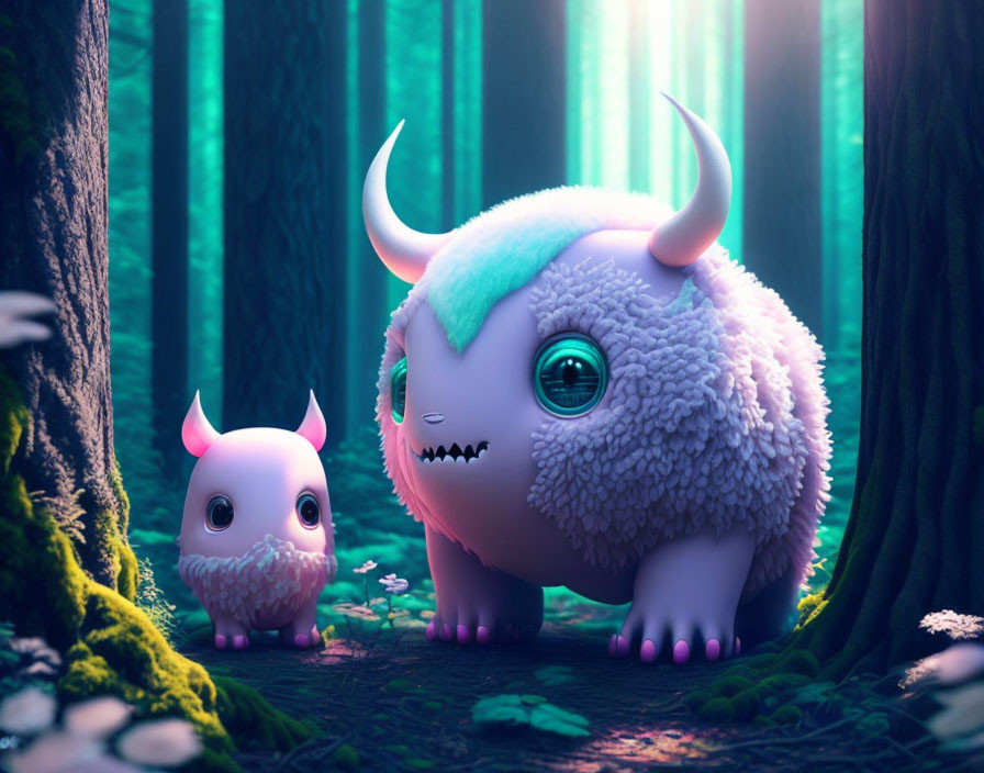 Fantastical horned creatures in vibrant magical forest