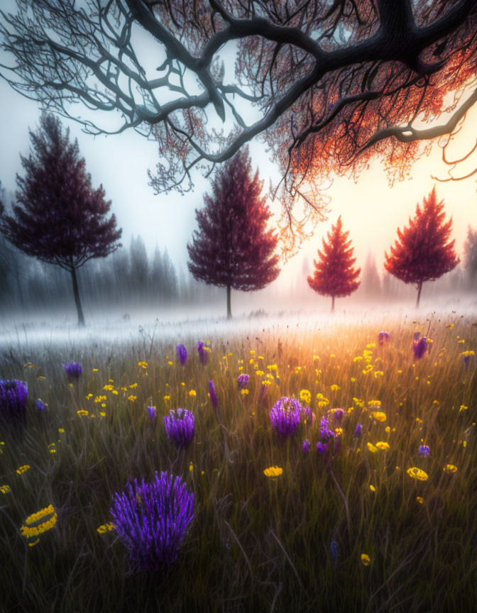 Misty sunrise landscape with purple flowers, golden grass, and silhouetted trees