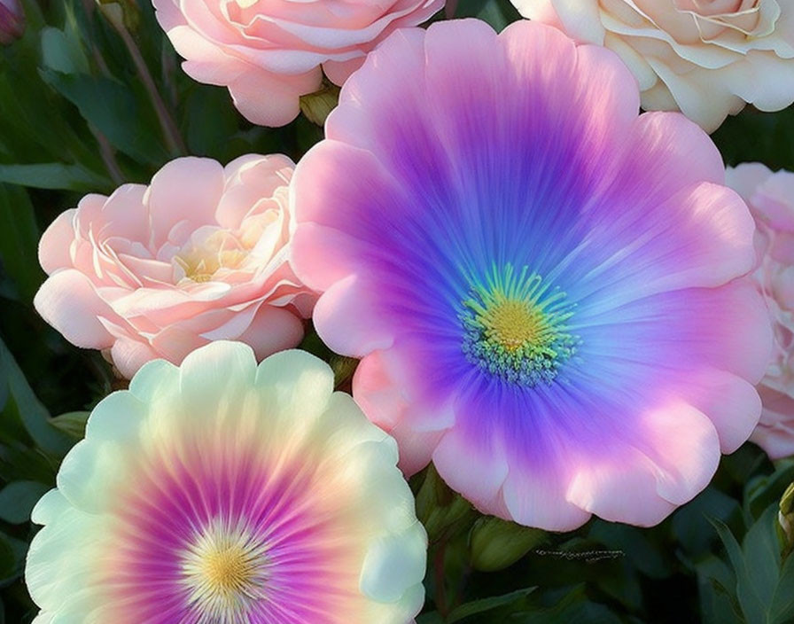 Colorful Flowers in Soft Lighting: Pink to Blue Gradient Petals