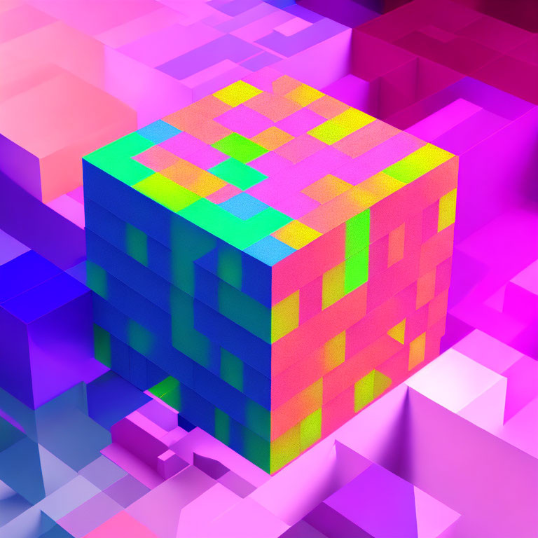 Vibrant 3D Cube with Pixelated Pattern on Reflective Surface