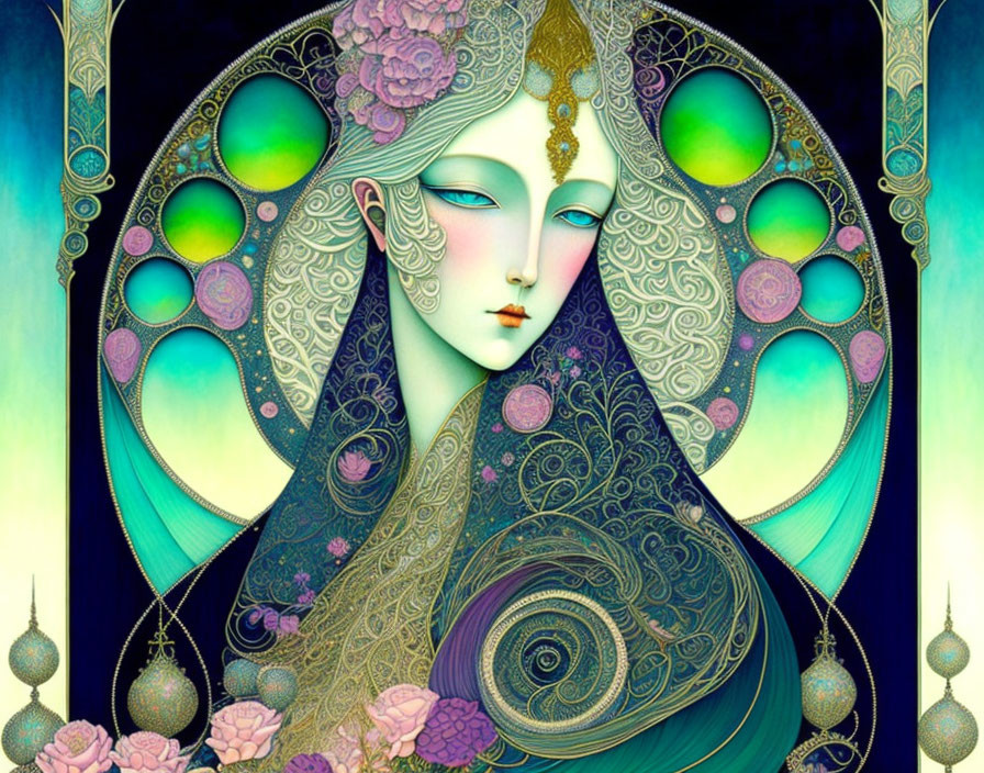 Art Nouveau-style illustration of serene female figure with peacock palette
