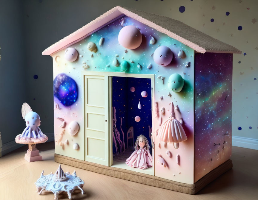 Cosmic-themed dollhouse with planets, stars, and fantasy figurines