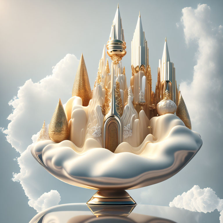 Fantastical castle with spires and towers on cloud-like base