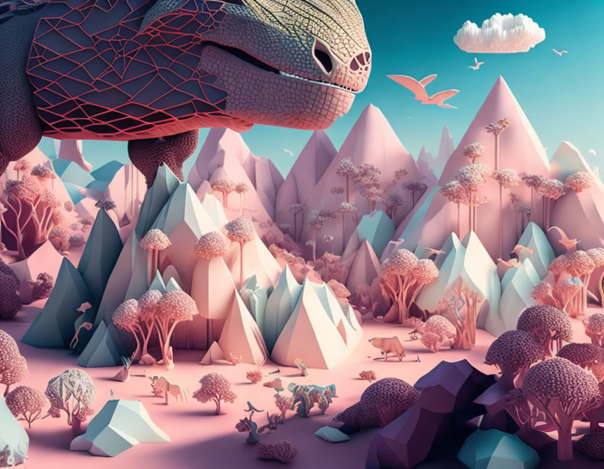 Polygonal landscape with animals, snake, and pastel sky