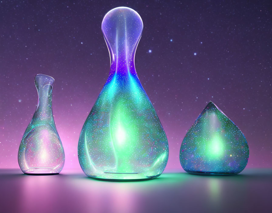 Translucent Glowing Potion Bottles on Cosmic Starry Background