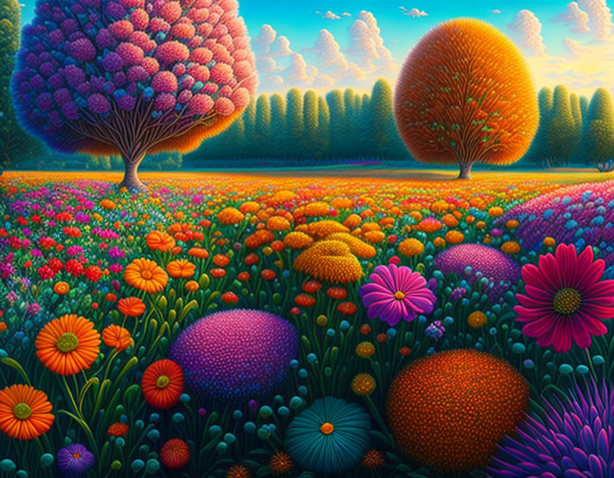 Colorful landscape with fantastical trees and diverse flowers under surreal sky