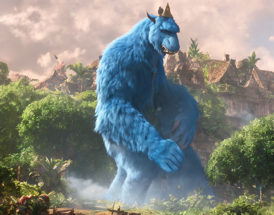 Blue furry creature with horns in jungle landscape with waterfalls and ruins