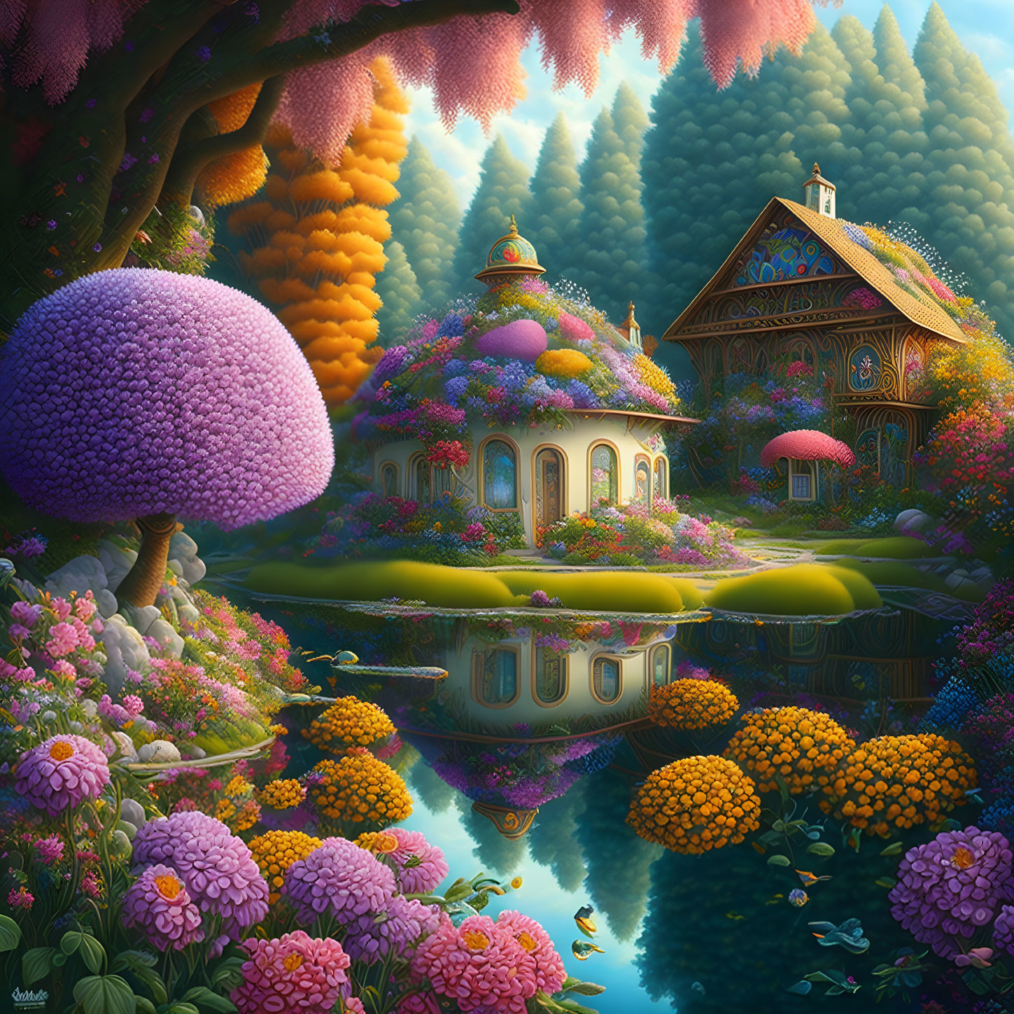 Colorful fantasy landscape with mushroom buildings, flowers, pond, and stylized trees.