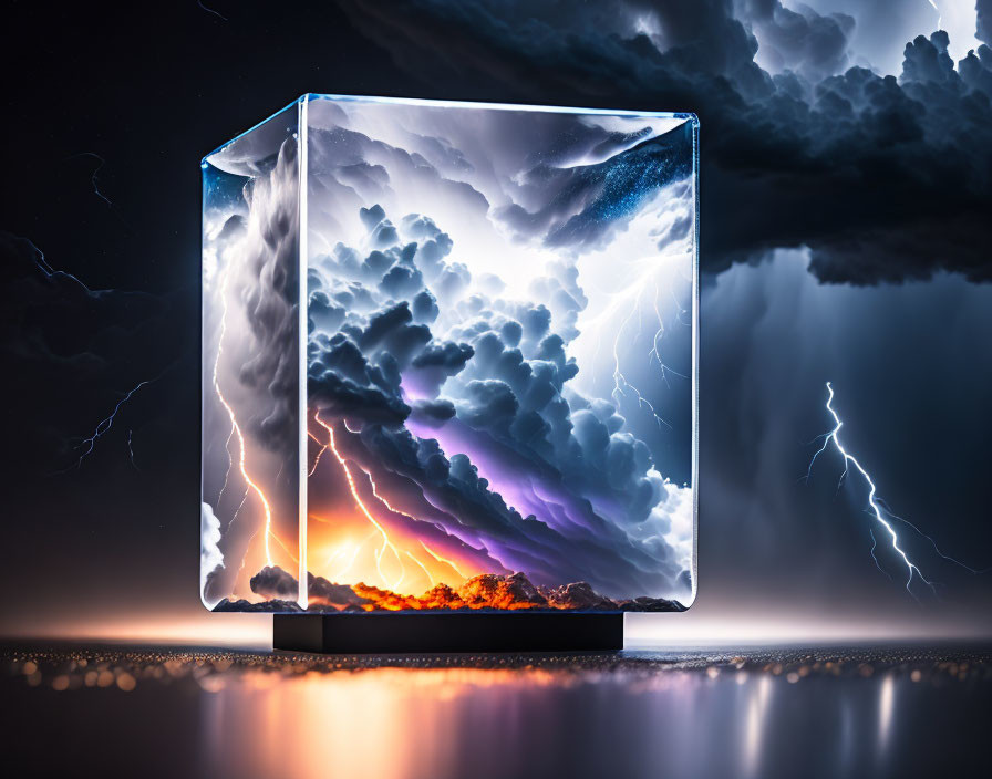 Transparent cube with vibrant storm scene and lightning against dark clouds on reflective surface