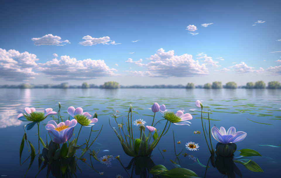 Tranquil Lake Scene with Blue Sky, Green Islands, and Colorful Flowers