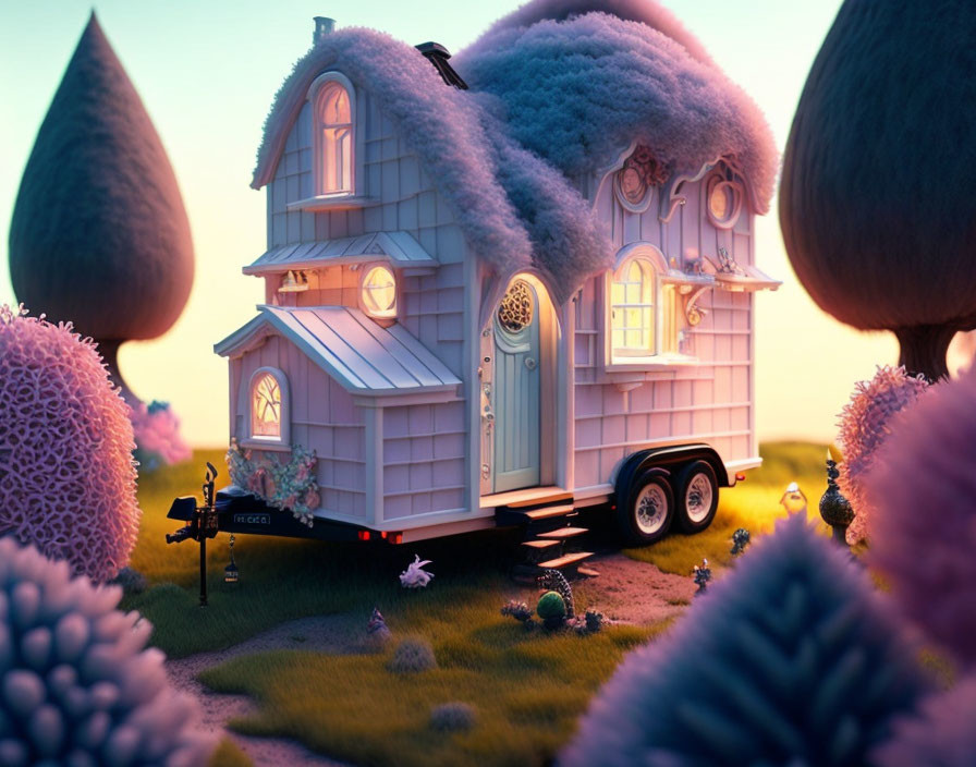 Charming tiny home on wheels surrounded by fluffy pink plants at dawn or dusk