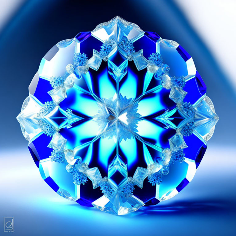 Symmetrical snowflake-like blue crystal on gradient background