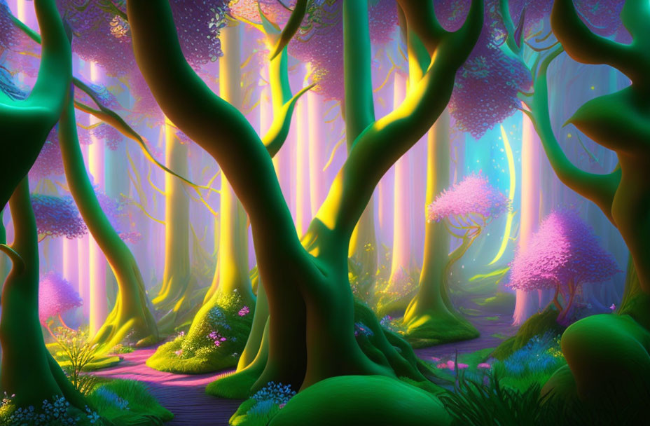 Enchanting forest scene with vibrant trees and glowing flowers