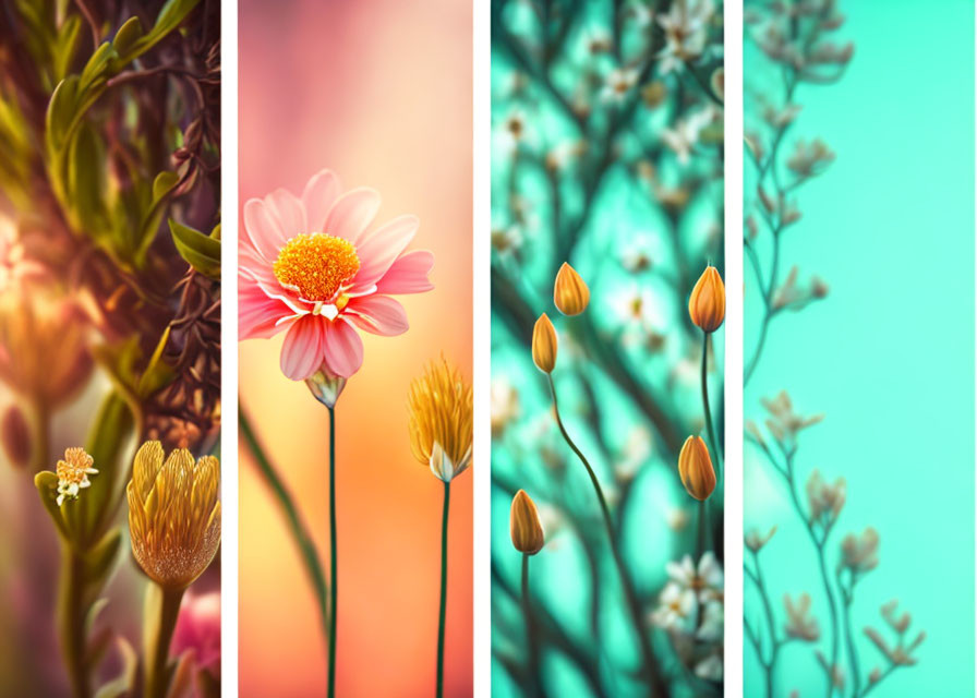 Four-panel image of flowers and plants with color gradient backgrounds