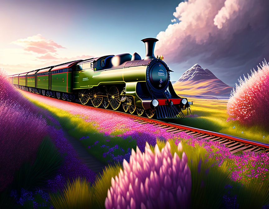 Vintage Green Steam Train in Colorful Countryside Scene