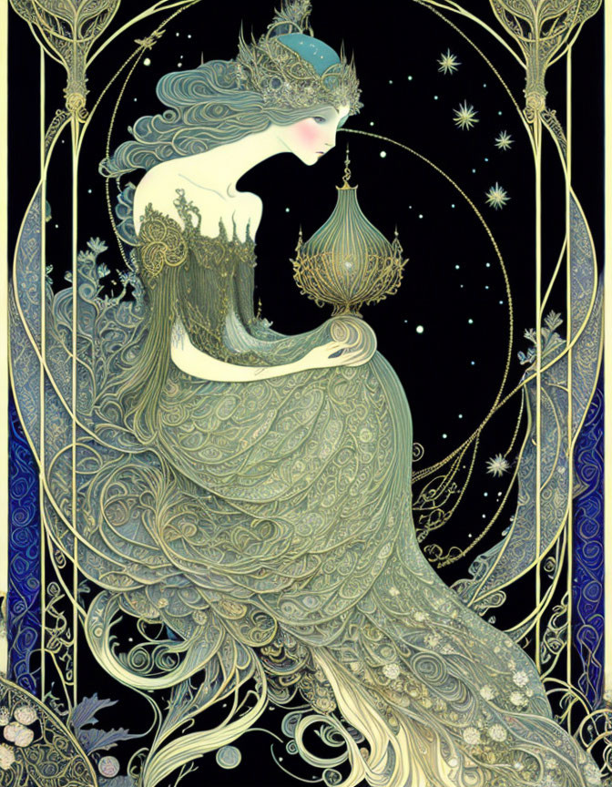 Art Nouveau style illustration of ethereal woman in flowing robes.