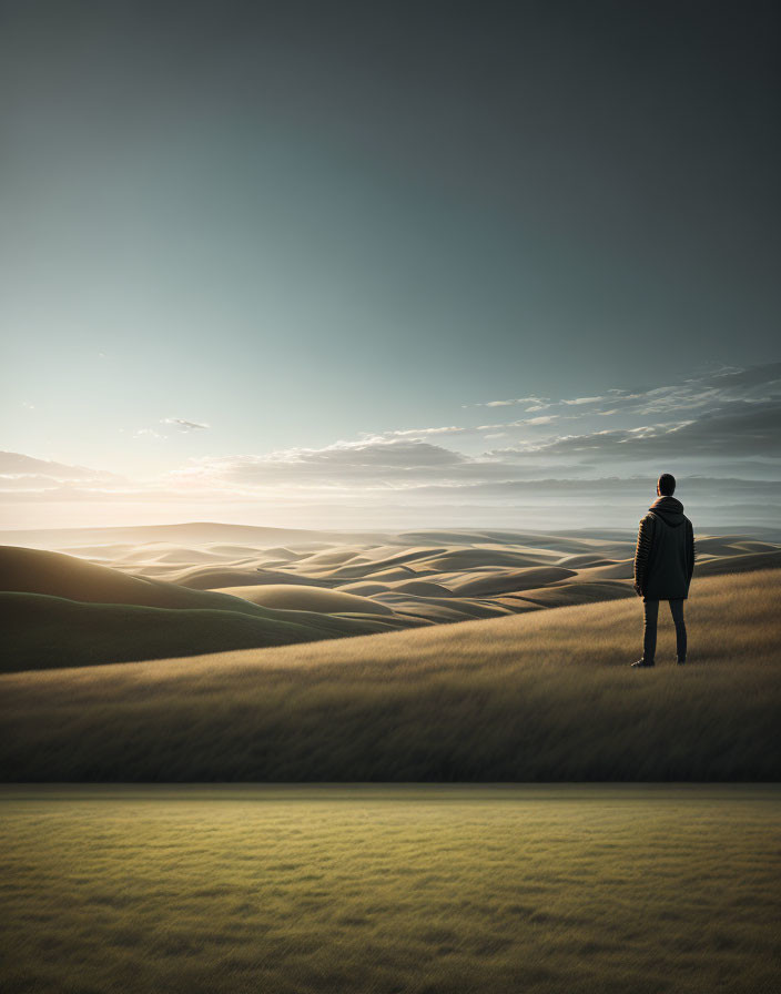 Person standing amidst rolling sand dunes under soft-lit sky at dusk or dawn