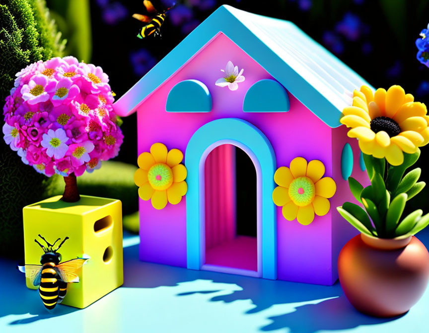 Colorful cartoon-like pink house, bee, dice, flowers, and flowerpot under sunny sky.