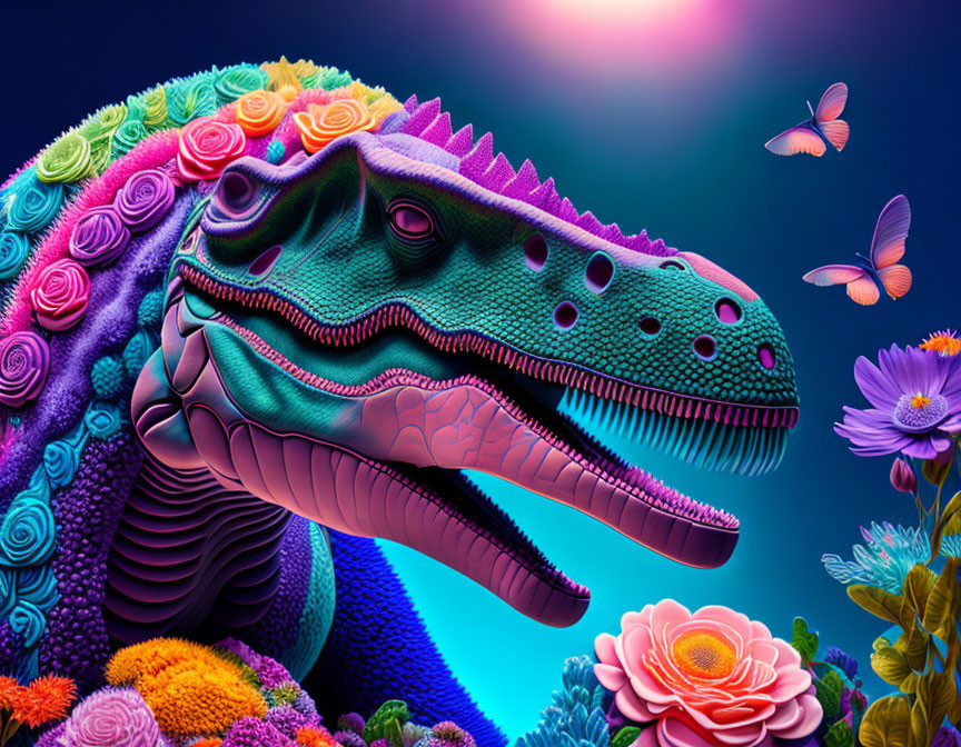 Colorful Flower-Covered Dinosaur in Fantasy Scene
