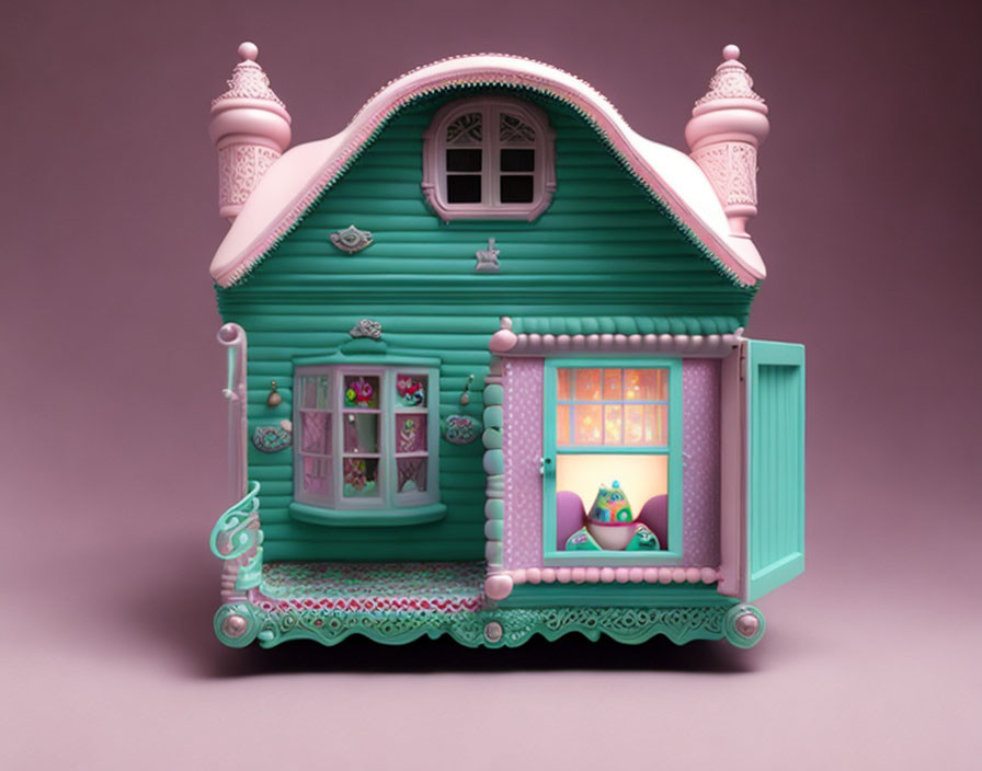 Teal Tiny House Illustration with Pink Accents