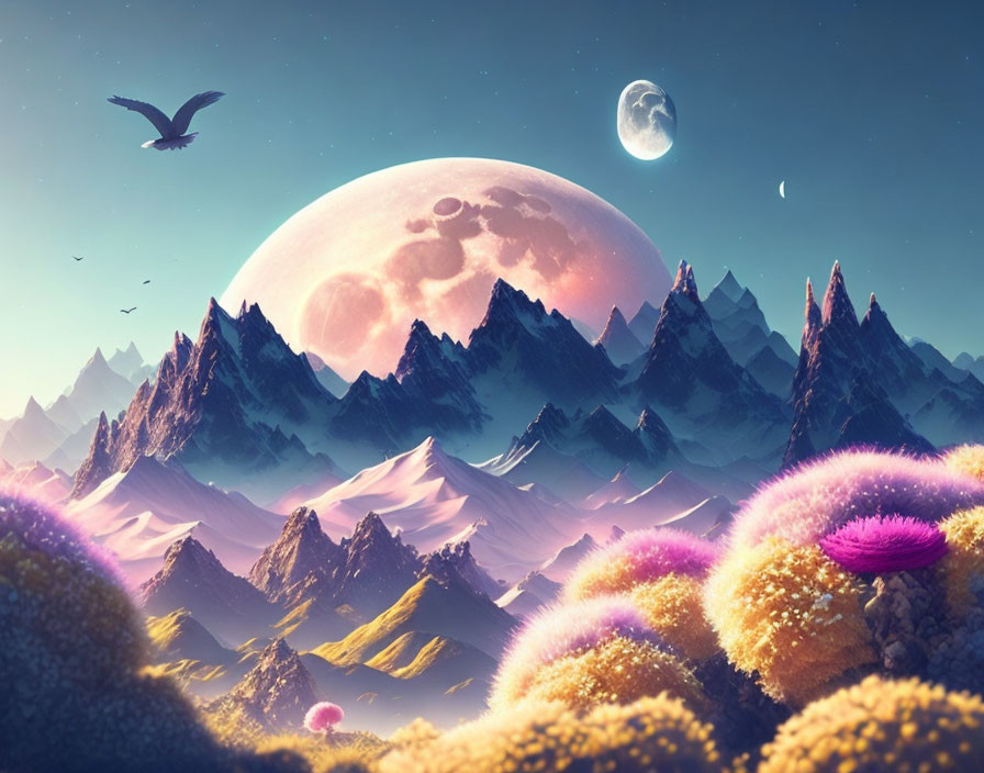 Vibrant purple flora, majestic mountains, birds, and surreal moon in a fantastical landscape
