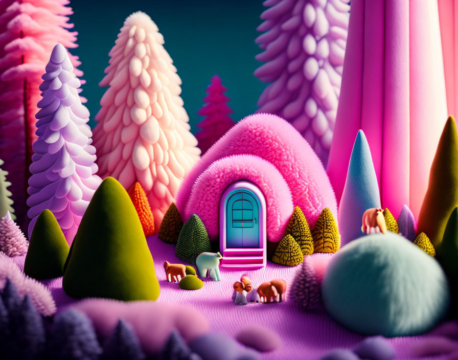 Colorful Trees and Miniature Animals in Whimsical Landscape