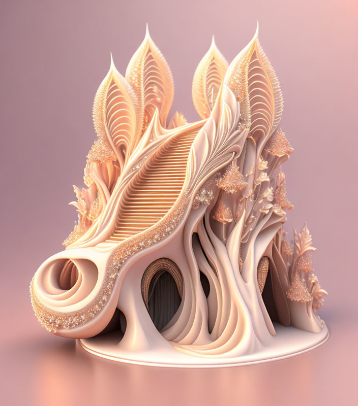 Fantasy 3D-rendered sculpture: Organic shapes, pastel tones, intricate details.