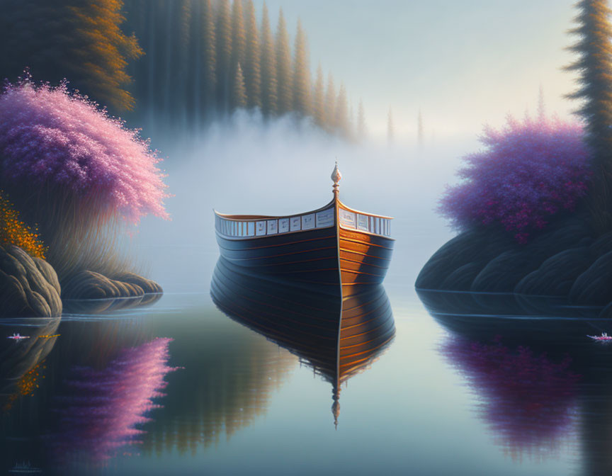 Tranquil lake scene with wooden boat and misty forest reflection