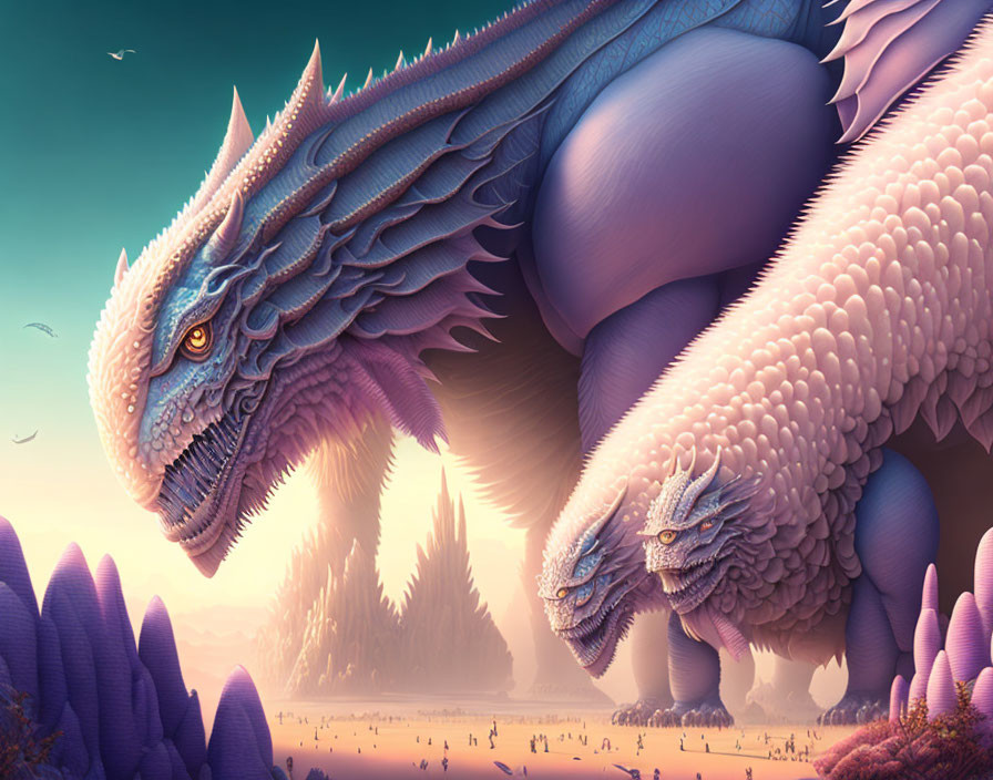 Majestic purple dragon with intricate scales in fantastical landscape