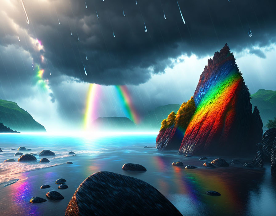 Colorful Rainbow Over Rain-Drenched Hill by Serene Sea