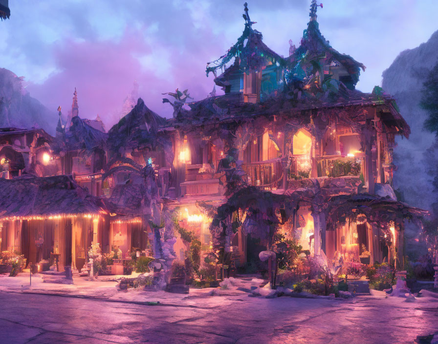 Enchanting fantasy village at twilight with whimsical houses and lush scenery