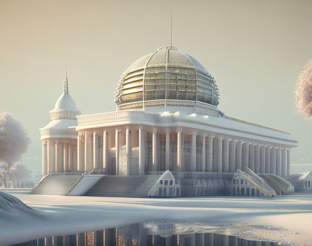 Neoclassical Building with Large Dome in Winter Landscape