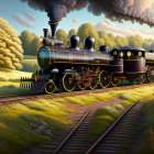Detailed Vintage Steam Locomotive Illustration on Tracks in Nature