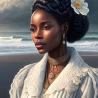 Woman with white flowers in hair and beaded choker against dramatic sky and sea.