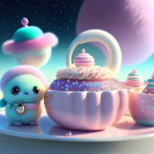 Whimsical pastel creatures tea party under starry sky