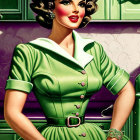 Vintage-style illustration of woman in green dress in retro kitchen