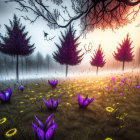 Misty sunrise landscape with purple flowers, golden grass, and silhouetted trees