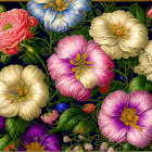 Colorful Floral Illustration on Dark Background with Intricate Details
