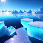Serene Polar Landscape with Blue Icebergs on Calm Sea
