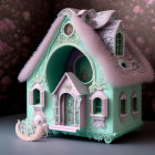 Pastel blue and pink fantasy house with bird and piglet figurines